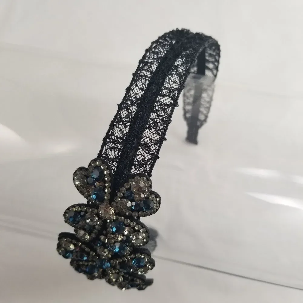 Blue Gunmetal Crystals Floral Black Lace Hair Band